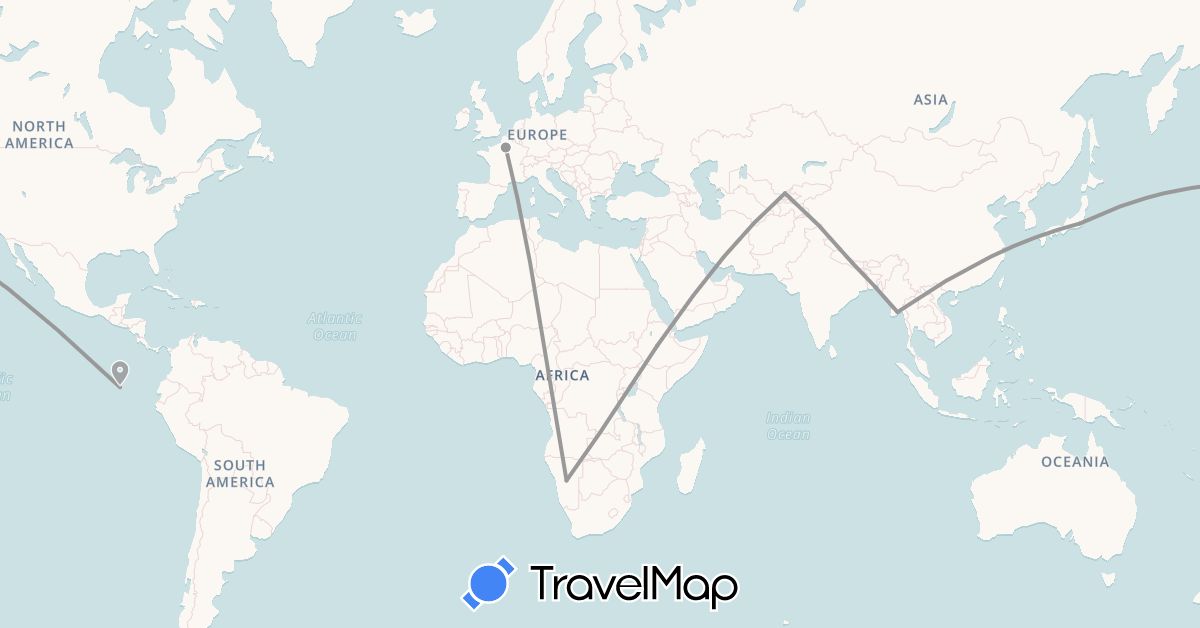TravelMap itinerary: driving, plane in Ecuador, Ethiopia, France, Japan, Myanmar (Burma), Namibia, Nepal, Uzbekistan (Africa, Asia, Europe, South America)